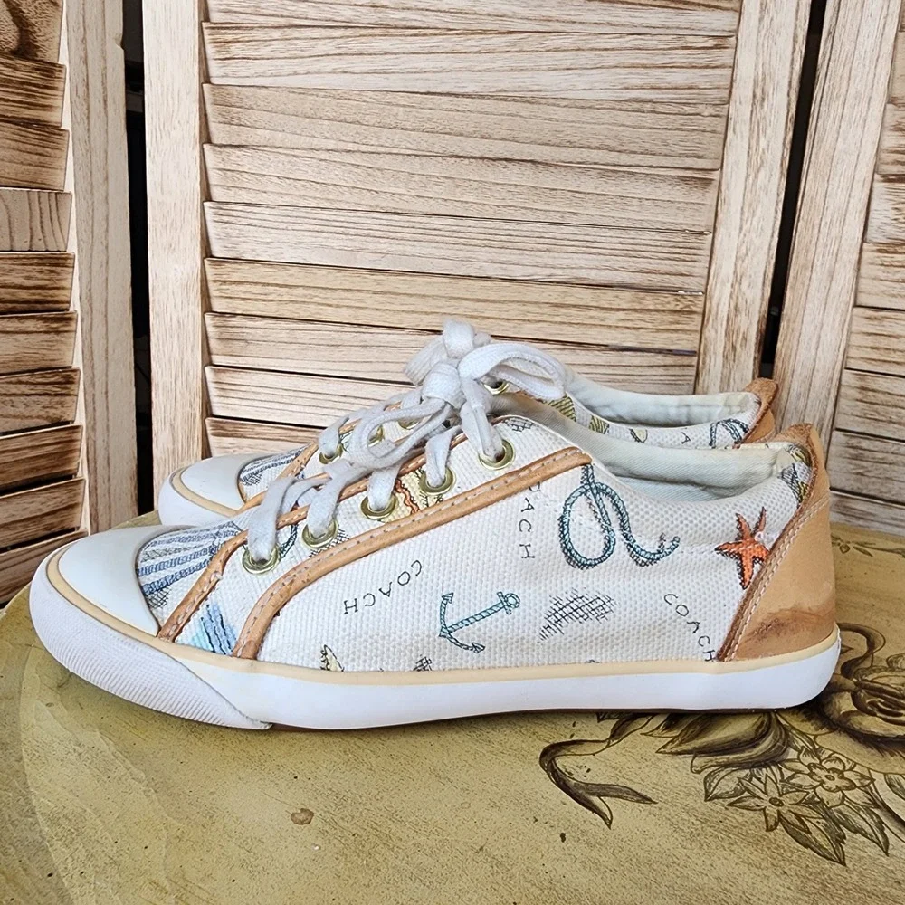 Coach Sz 6.5B White Canvas Leather Barrett Nautical Sea Life Sneakers A1092